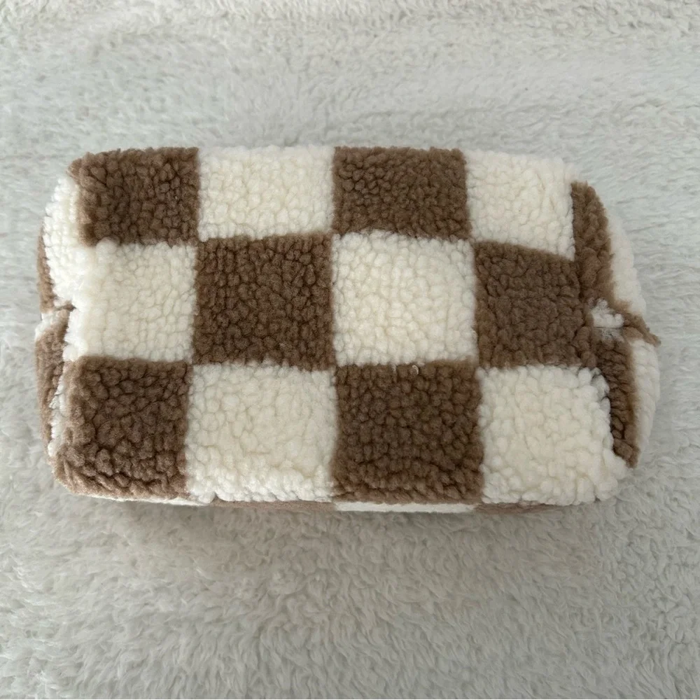 Ulta Sherpa Checkered Cosmetic Bag Brown NEW